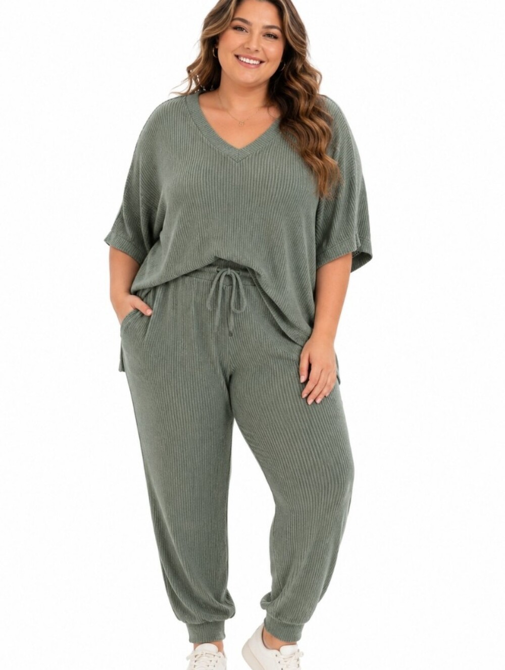 BKE XL Balsam Green Ribbed Knit 2 Piece Lounge Set V Neck Joggers